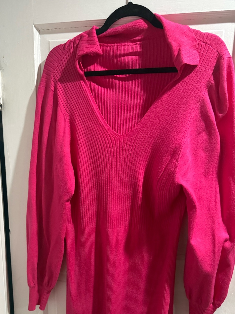 Vibrant Pink Ribbed V-Neck Women's Sweater Dress